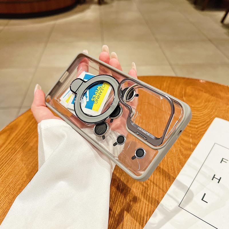 Image of LuxuryKase Magnetic Clear Case for Samsung Galaxy S26 Ultra | Metal Ring Stand | Camera Lens Protector Rings | Shockproof Hard PC Back | MagSafe Compatible | TPU Bumper - Grey