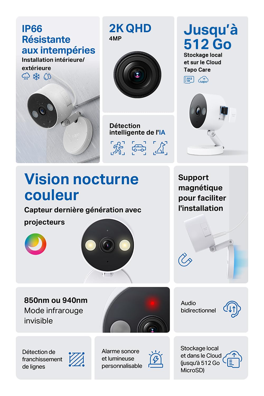 Tapo C120 Caméra Surveillance WiFi intérieure ou extérieure, QHD 4MP, Étanche IP66, Détection intelligentes de l'IA, Base magnétique, Double projecteur, Vision Nocturne, Audio Bidirectionnel