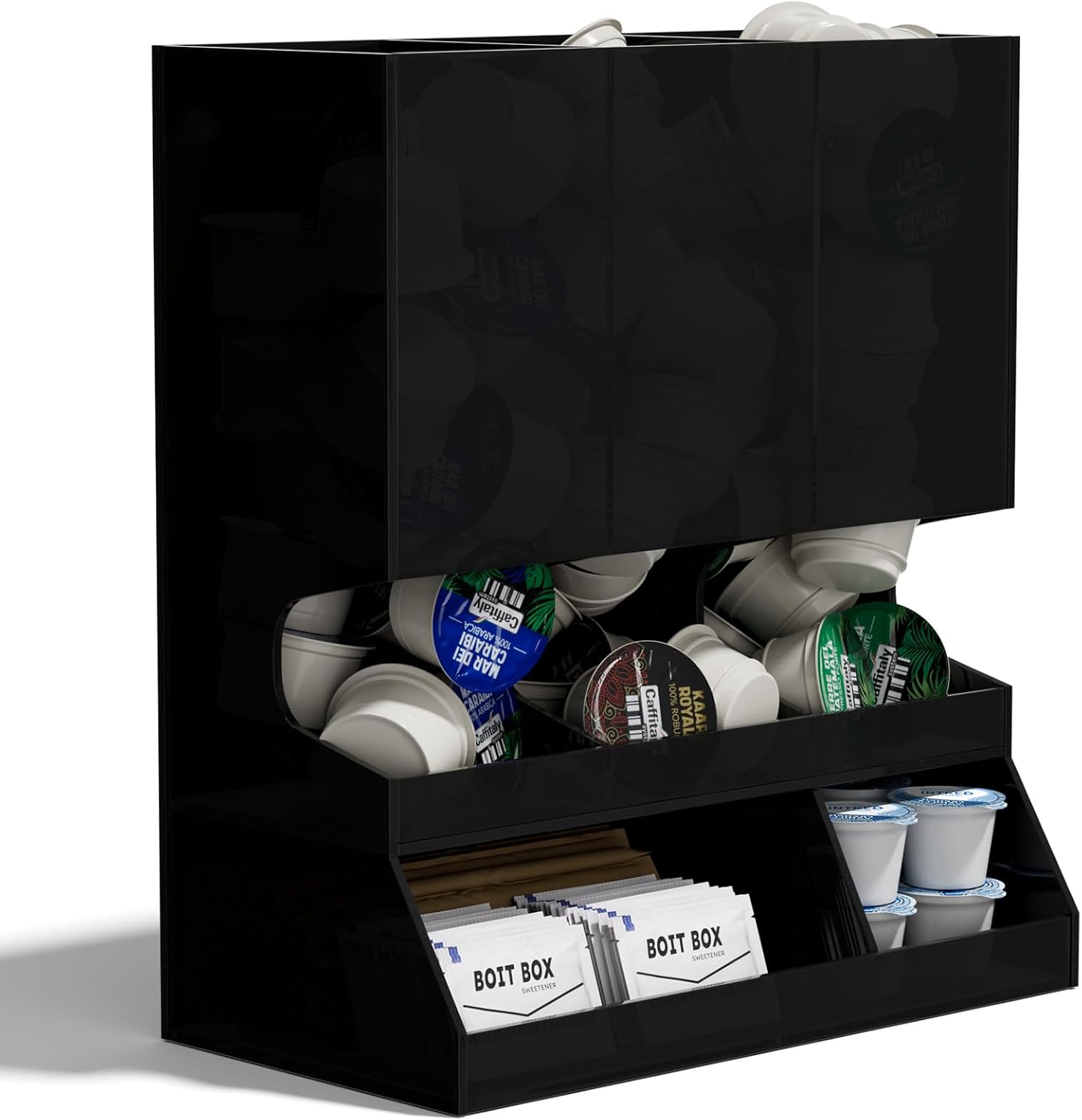 AITEE Modern Black Acrylic Coffee Pod Holder, 3-Compartment Dispenser Organizer for 30 K Cups, Sleek Smudge-Proof Design, Countertop Rack for Kitchen, Breakroom, Pantry, 8.9" L x 4.6" W x 10.2" H