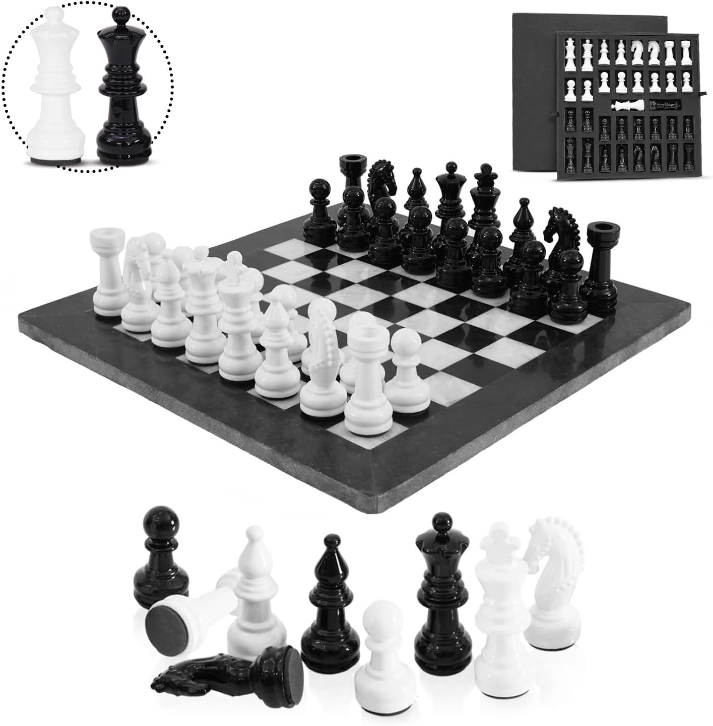 Marblous Krafts 15 Inches Black & White Chess Set with 32 Metallic Figures & 2 Extra Queens and Marble Board - Large Staunton Handmade Chess Game Classic Home Decor & Chess Sets for Adults and Family