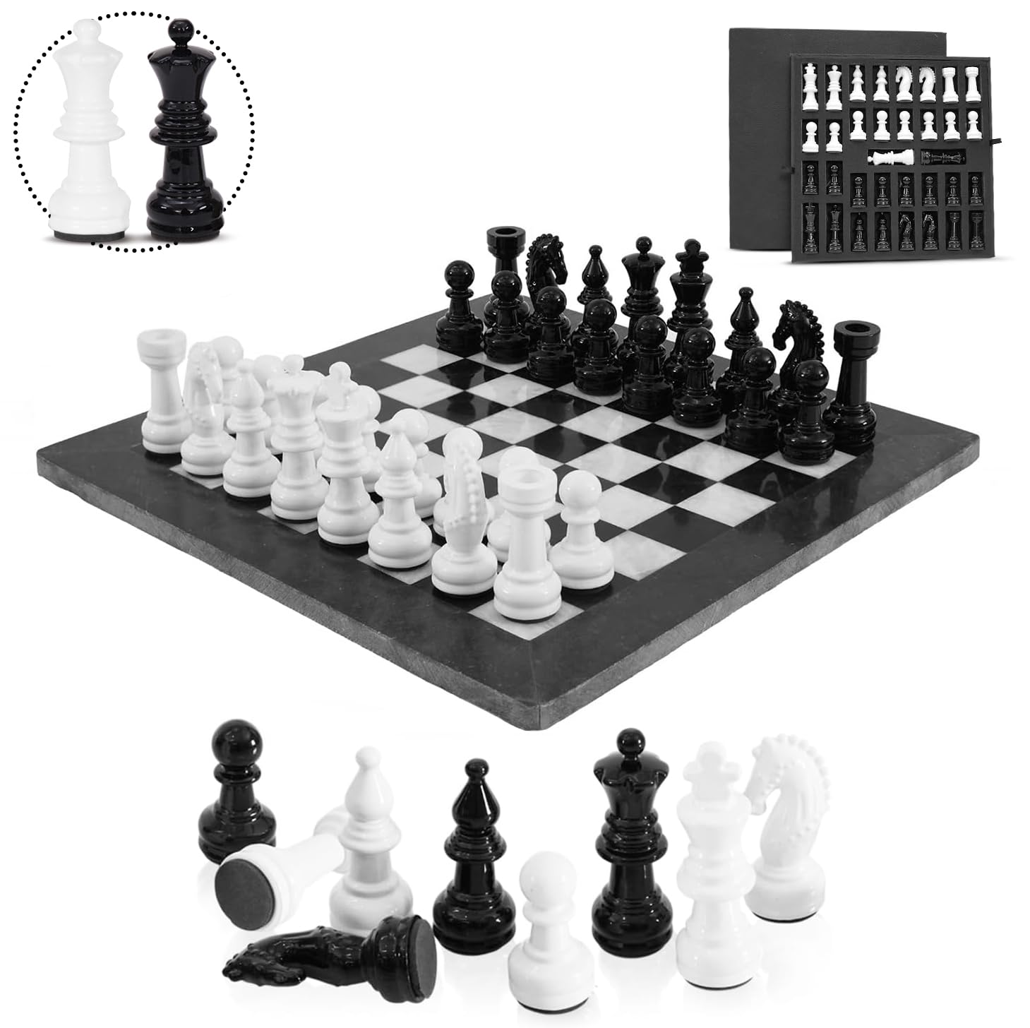 Marble Chess Set 15 Inch Black and White Chess Board with 32 Metallic Chess Pieces, Storage Box & Extra Queens, Board Games Perfect for Gifting, Family Games