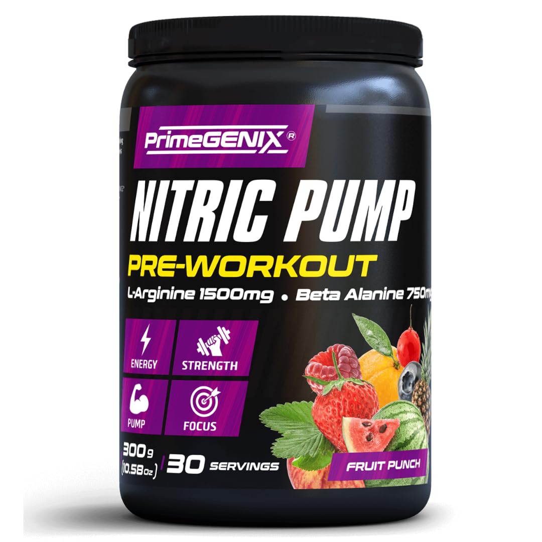 PrimeGENIX Pré-treino em pó com dicreatina malato, arginina AKG e beta-alanina, sabor Fruit Punch, 30 porções