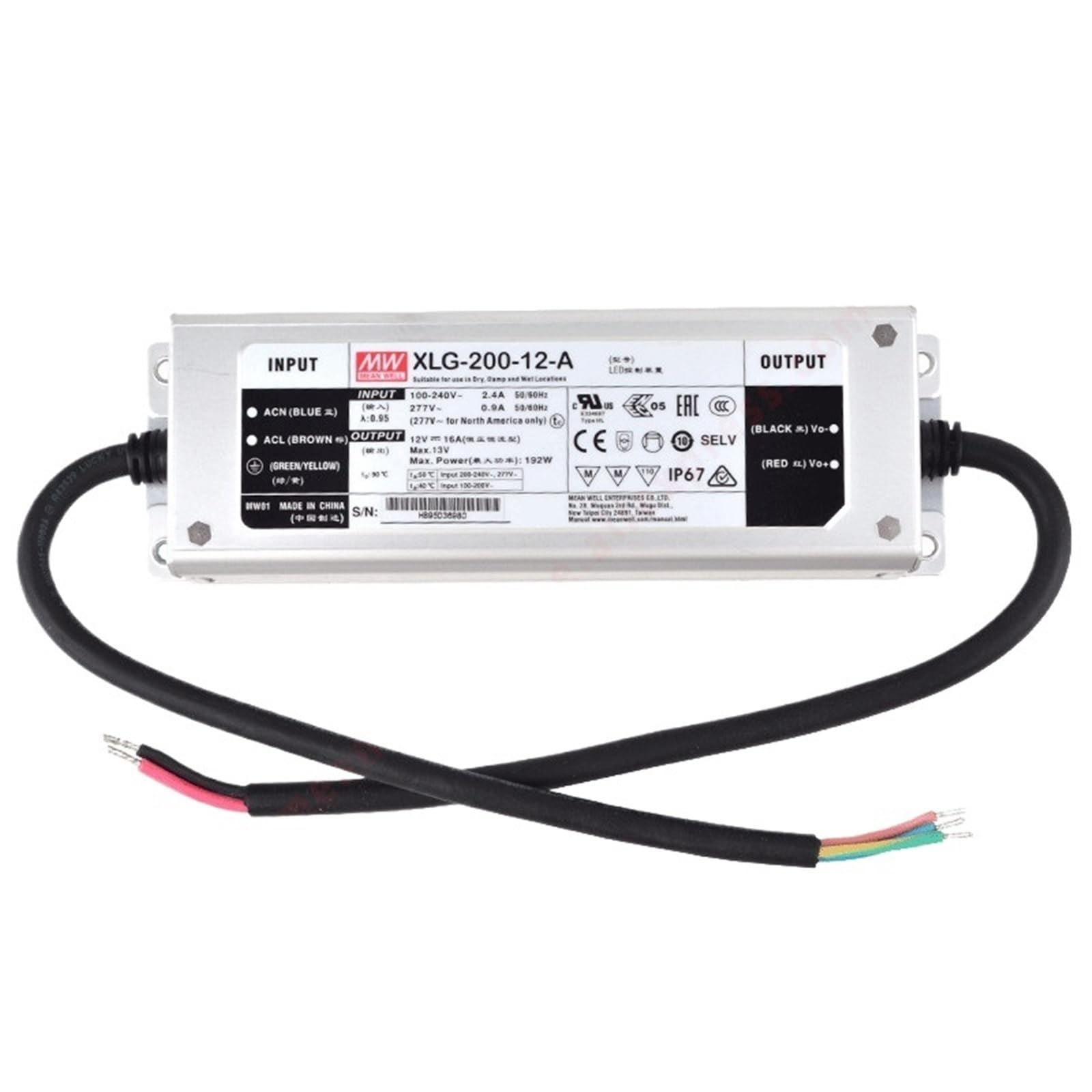 Controlador LED XLG-200-12-A de voltaje constante 192W y protección IP67
