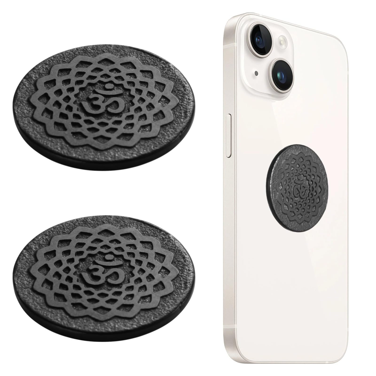 2 adesivi in shungite per smartphone, stile antico, design rotondo, schermatura emf per telefoni cellulari, simboli Ohm geometrici piastre di shungite