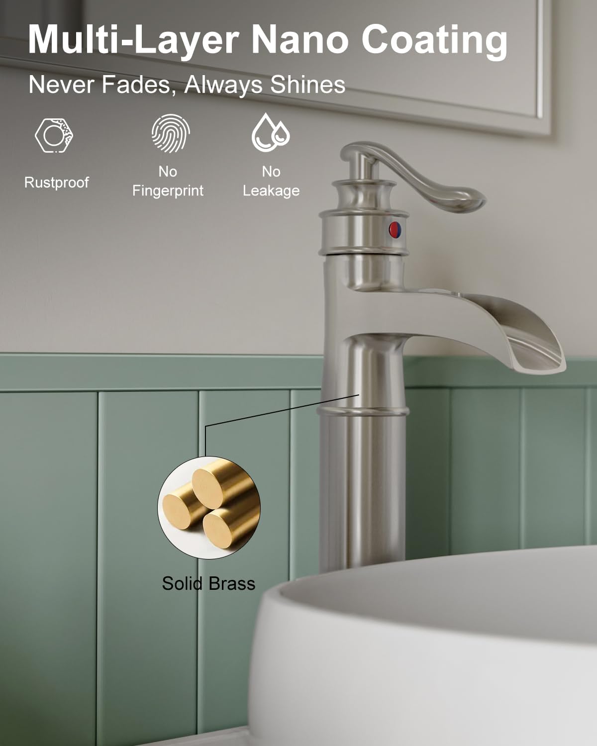 BWE Waterfall Vessel Sink Faucet Brushed Nickel Bathroom Faucet Single Handle Tall Single Hole Bathroom Sink Faucet Commercial Mixer Tap with Pop Up Drain Assembly and Supply Line