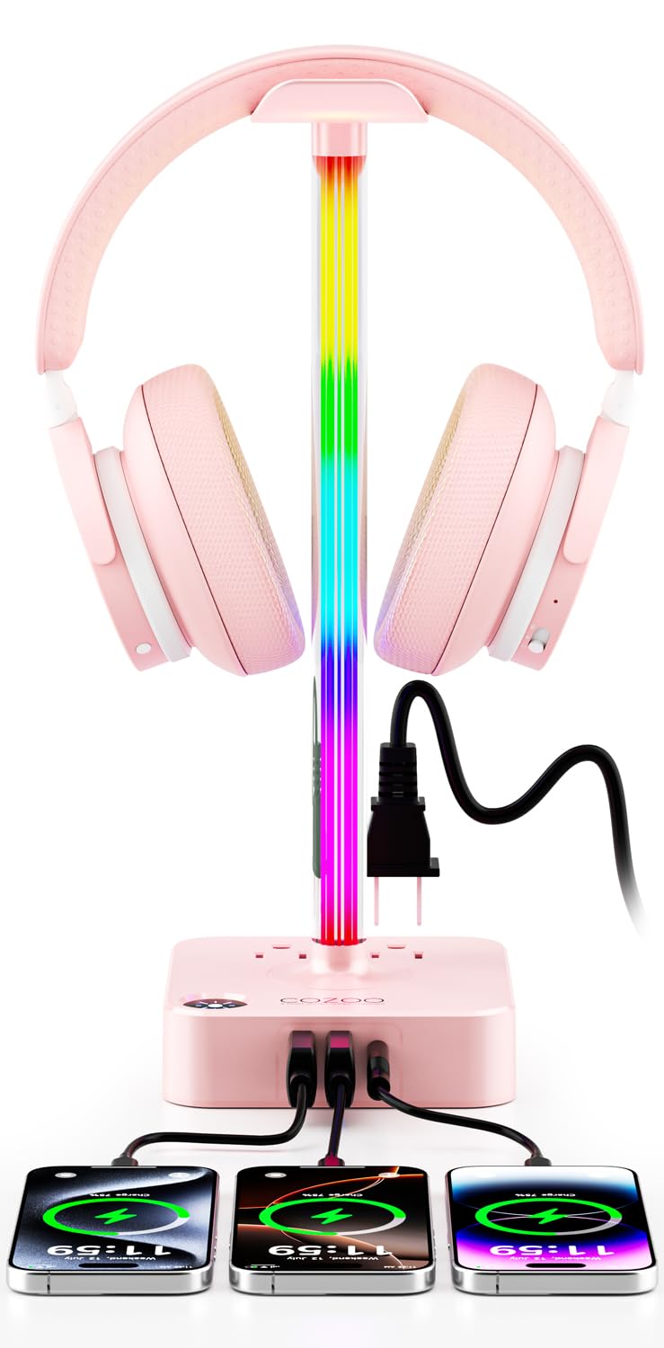 cozoo Regali per ragazze adolescenti carino rosa RGB cuffie stand e stazione di ricarica, 3 prese USB 2 AC – elegante supporto per cuffie da gioco, scrivania e sala giochi, regali di Natale per