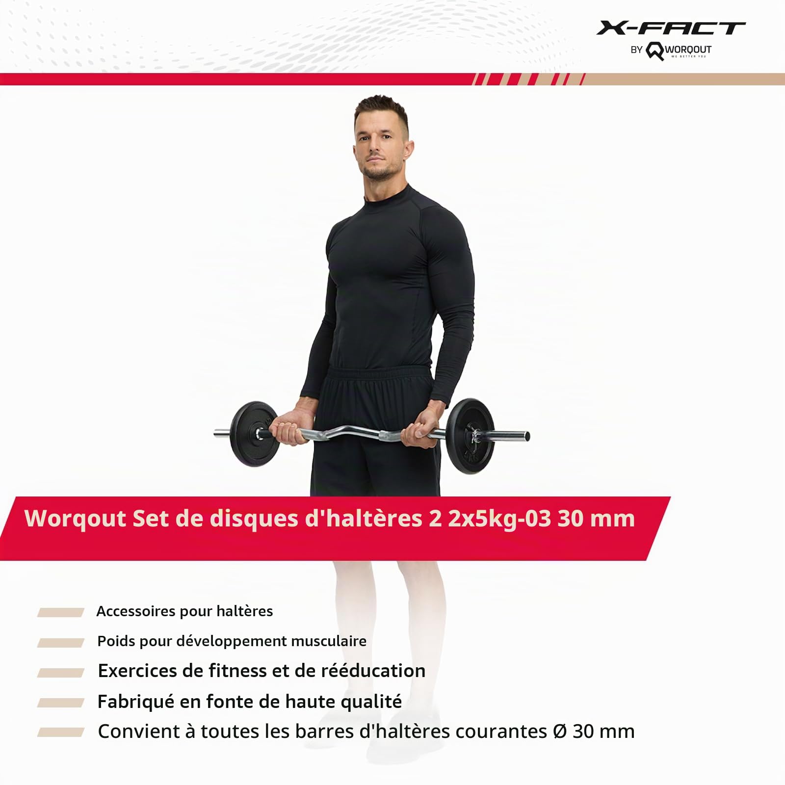 Ensemble de disques de poids – 2 x 5 kg, Ø 30 mm, en fonte pour l'entraînement en force