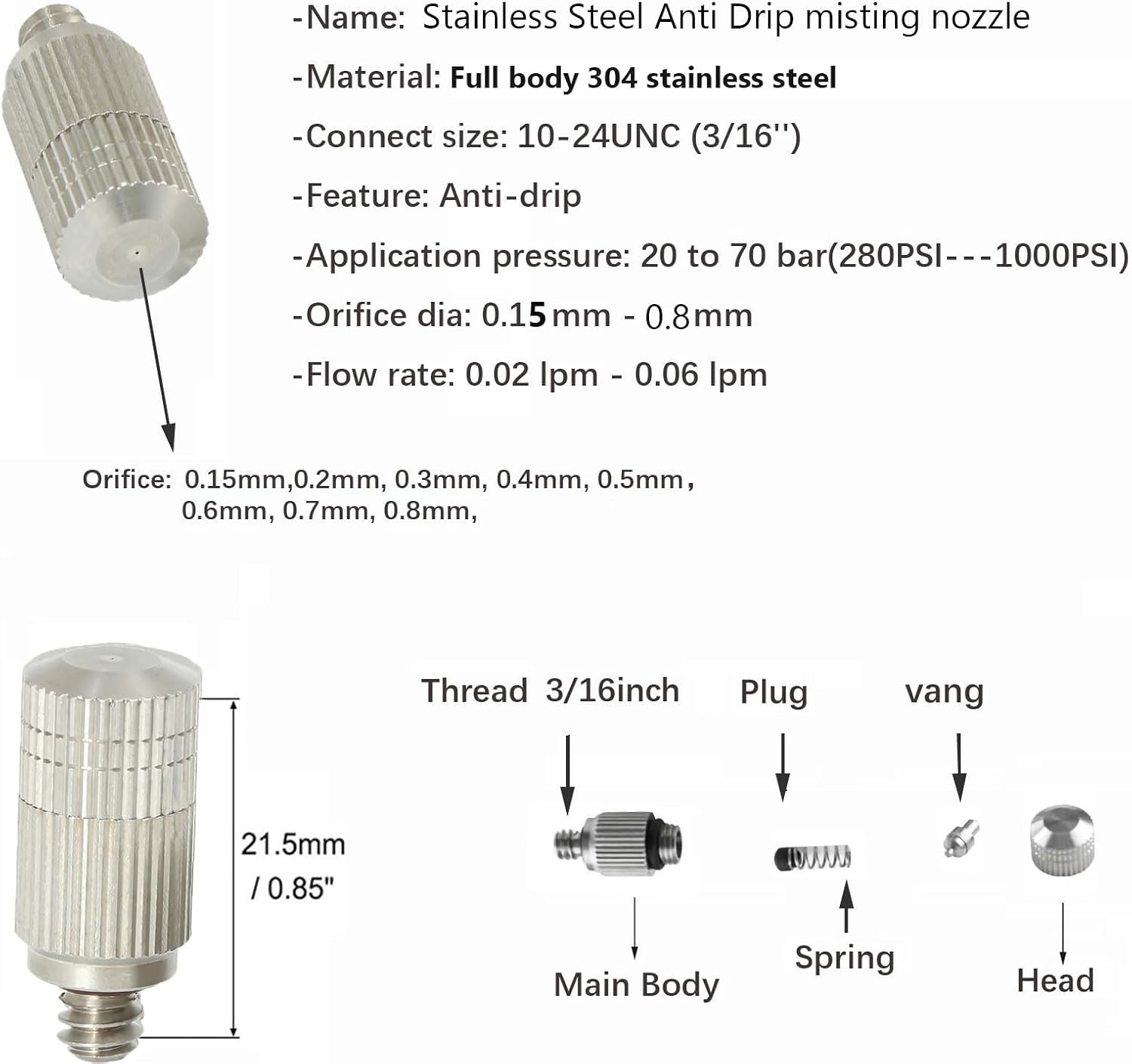 100 Pack Stainless Steel Anti Drip Misting Nozzle For Cooling, High Pressure Mist Nozzle Fogging Spray Head, Cleanable Water Mist Sprayers Excellent Misting Effective(Size:Orifice 0.8mm,)