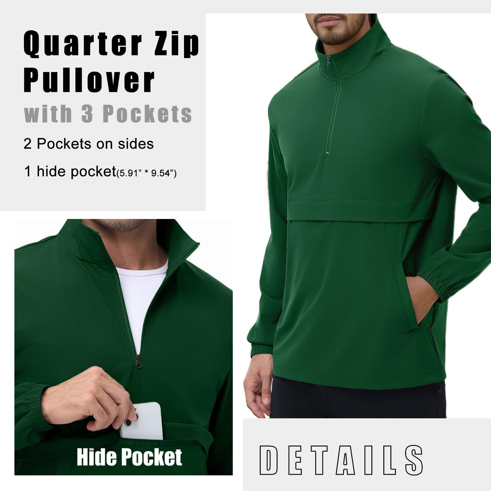 EDITCOZY Chaqueta cortavientos ligera con cremallera de un cuarto para hombre, para correr, golf, con 3 bolsillos