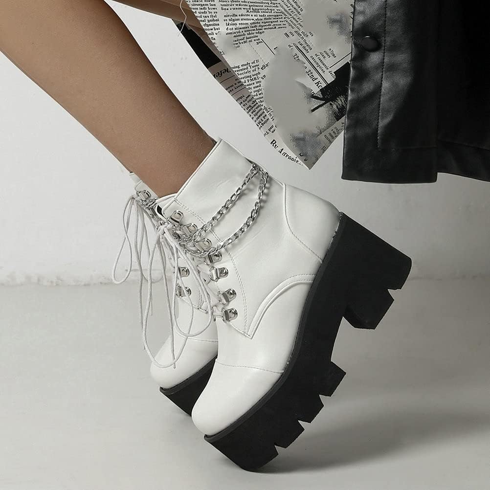 LUXMAX Women Buckle Goth Chunky Platform Ankle Boots Lace Up High Heel Motorcycle Boots with Chain - Image 2