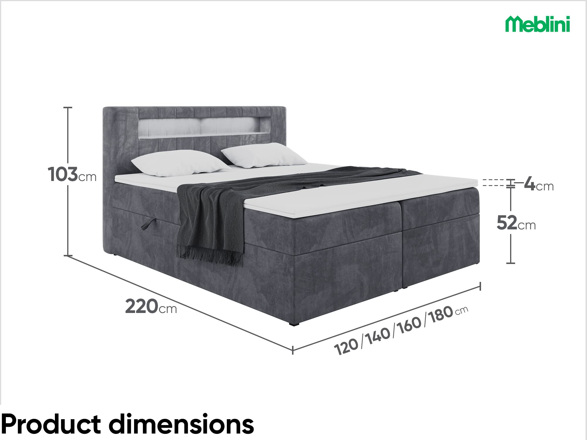 MEBLINI Boxspringbett mit Bettkasten - Bett mit LED Kopfteil - Gepolstert Doppelbett mit Matratze und Topper - Polsterbett mit Stauraum - Stauraumbett - ASPIN - 160x200 - H4/Dunkelgrau Samt