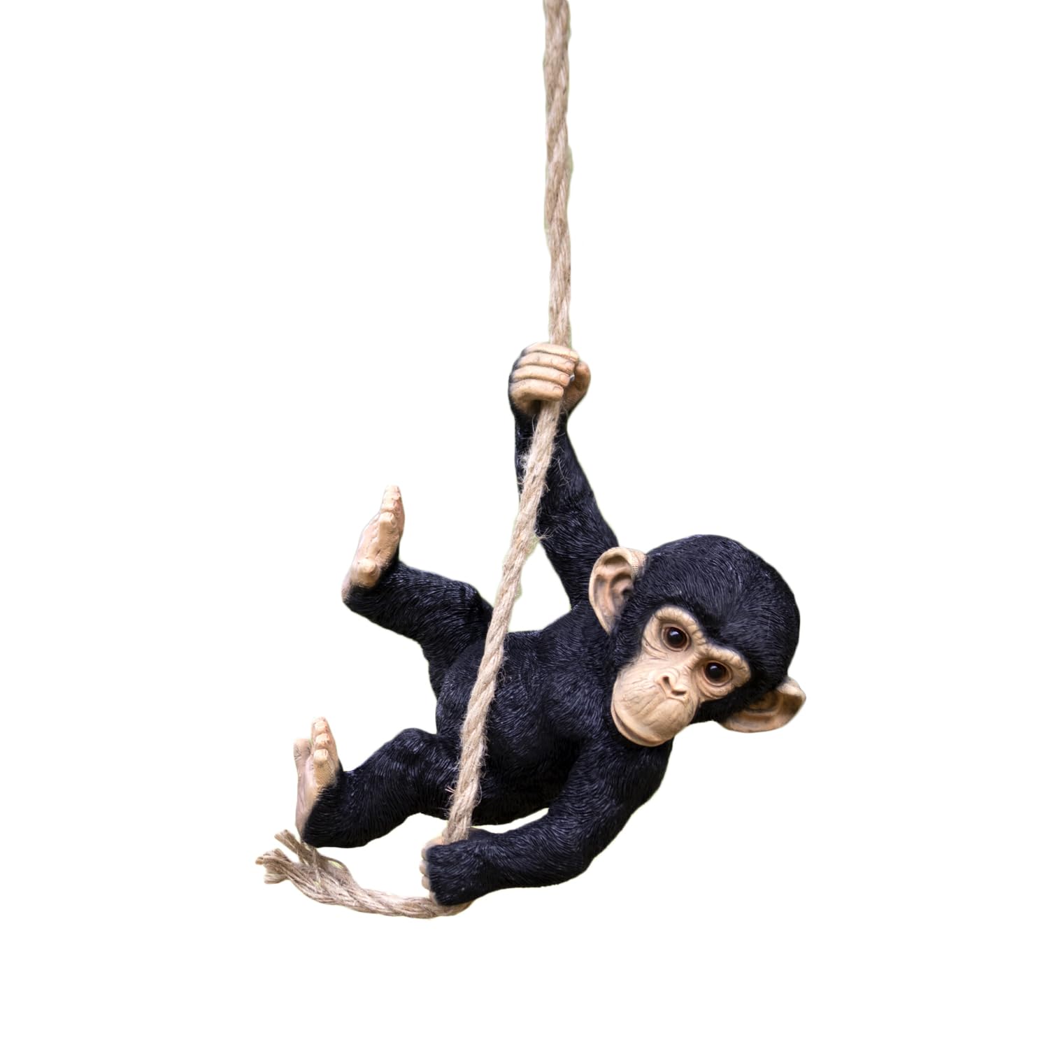 Black Swinging Monkey Garden Sculpture, Resin, Hanging Chimp Ornament with Rope, Outdoor Tree Decoration, 26x16x27cm
