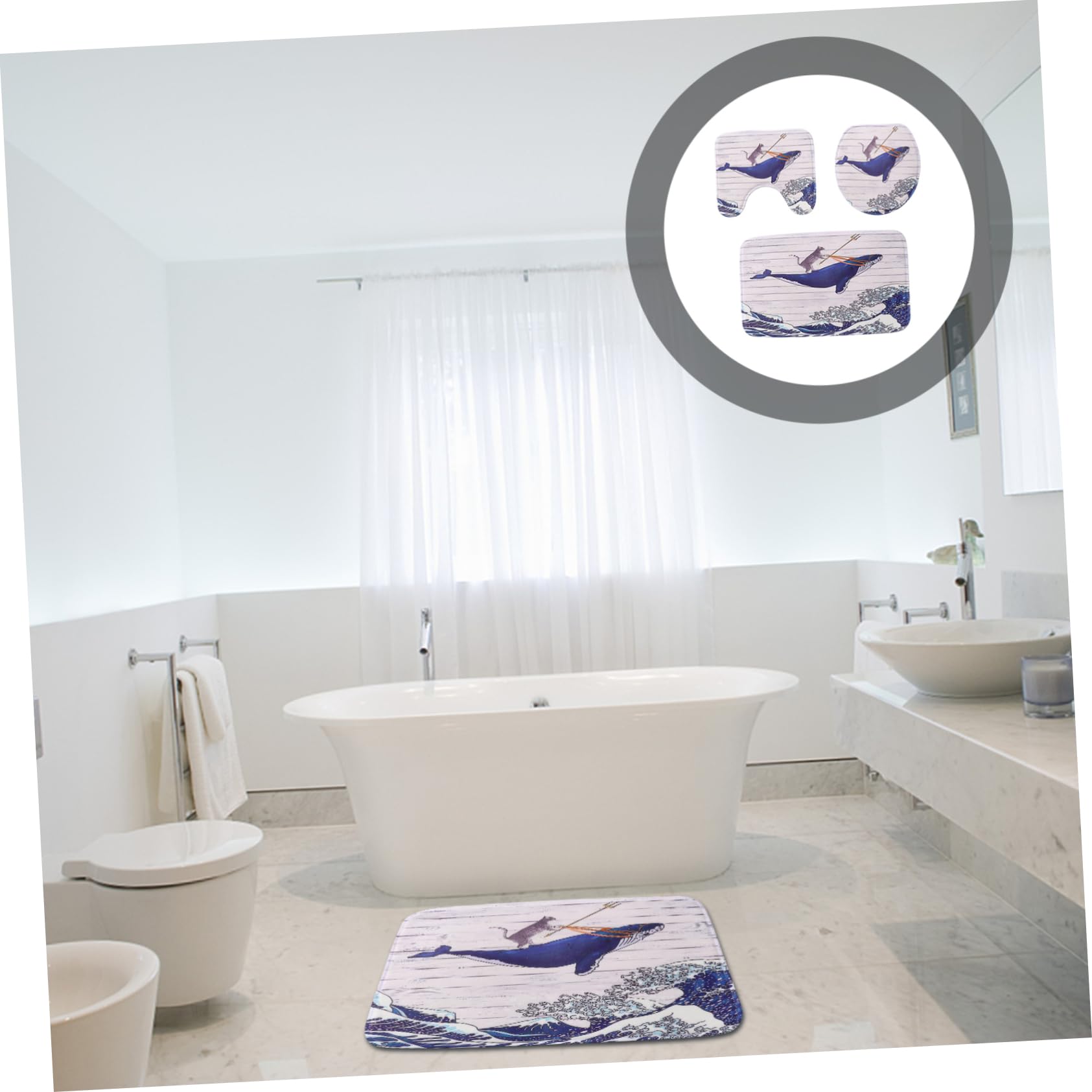 MAGICLULU Tappetino Bagno Rotondo 3 Pezzi in Flanella Feltro, Set Bagno | Motivo Giapponese Creativo, Protezione Antiscivolo, Struttura Durevole, Linea Decorativa per Interni Domestici
