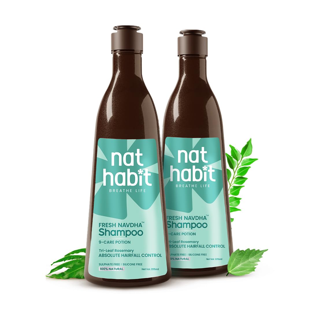 Nat Habit Sulfate-Free Natural Tri-Leaf Rosemary Hair Fall Control Shampoo, Navdha Shampoo for Women and Men (Pack of 2 X 250ml)
