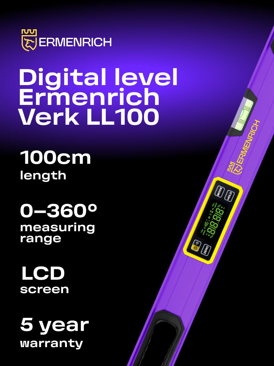 Verk LL100 Profesjonalna Poziomica Cyfrowa Kątomierz 0–360° | LCD, Magnetyczny Inklinometr 4x90°, 3 Libelle, Dokładność ±0.2°, Magnetyczny Rowek V, Budowa, Drewno