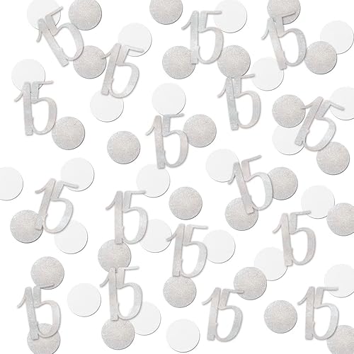 Confeti de 15 con purpurina plateada, confeti de número de cumpleaños número 15, 200 piezas de suministros de decoración de mesa para fiesta de