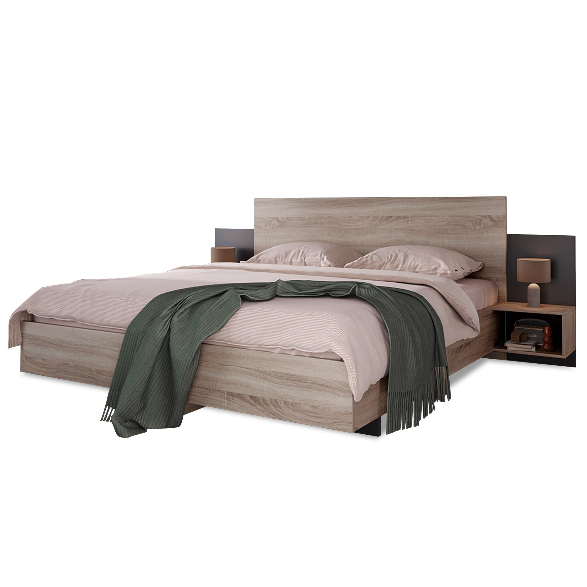 Lit double en bois 160 x 200 cm avec 2 tables de nuit, lit moderne avec 2 tables de chevet, kit complet pour chambre à coucher, chêne Sonoma/gris foncé, 205,5 x 235 x 76,5 cm (l x p x h)