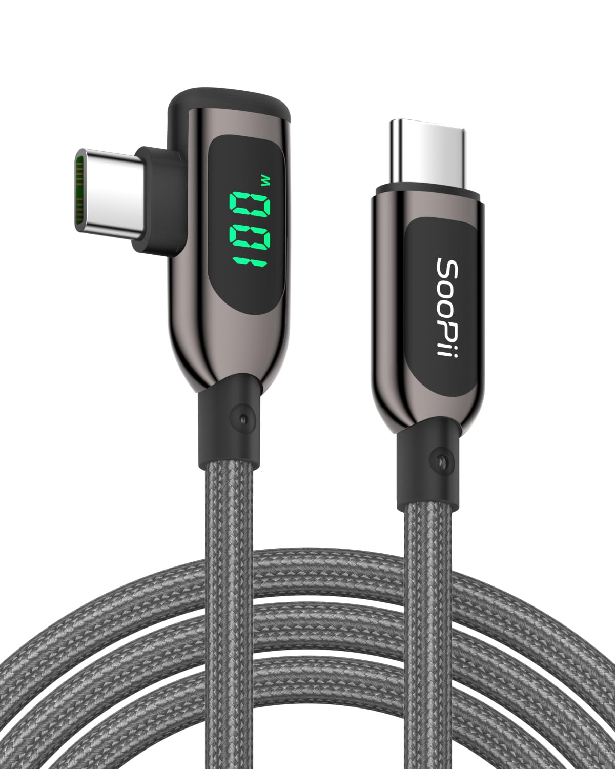 SOOPII Cavo USB C a USB C ad angolo retto da 100W con display LED, cavo caricabatterie USB C PD intrecciato in nylon in lega di zinco da 2 m per lPhone 15, lPad Pro, MacBook Pro, Galaxy S23