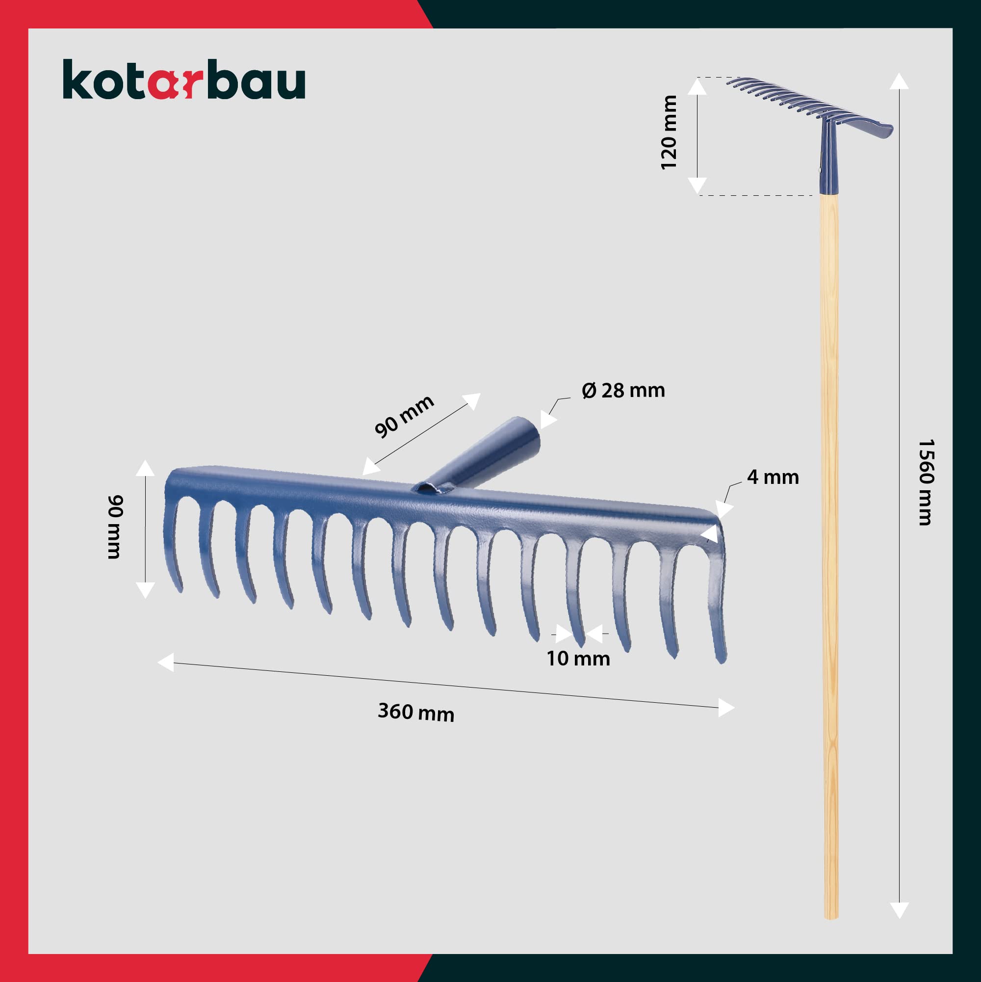 KOTARBAU® Rastrillo Jardin - Acero - 36 cm - Azul Marino - Rastrillo Hojas Jardin - con Mango de Madera 136 cm - 14 Dientes - Herramienta para Cesped y Jardineria