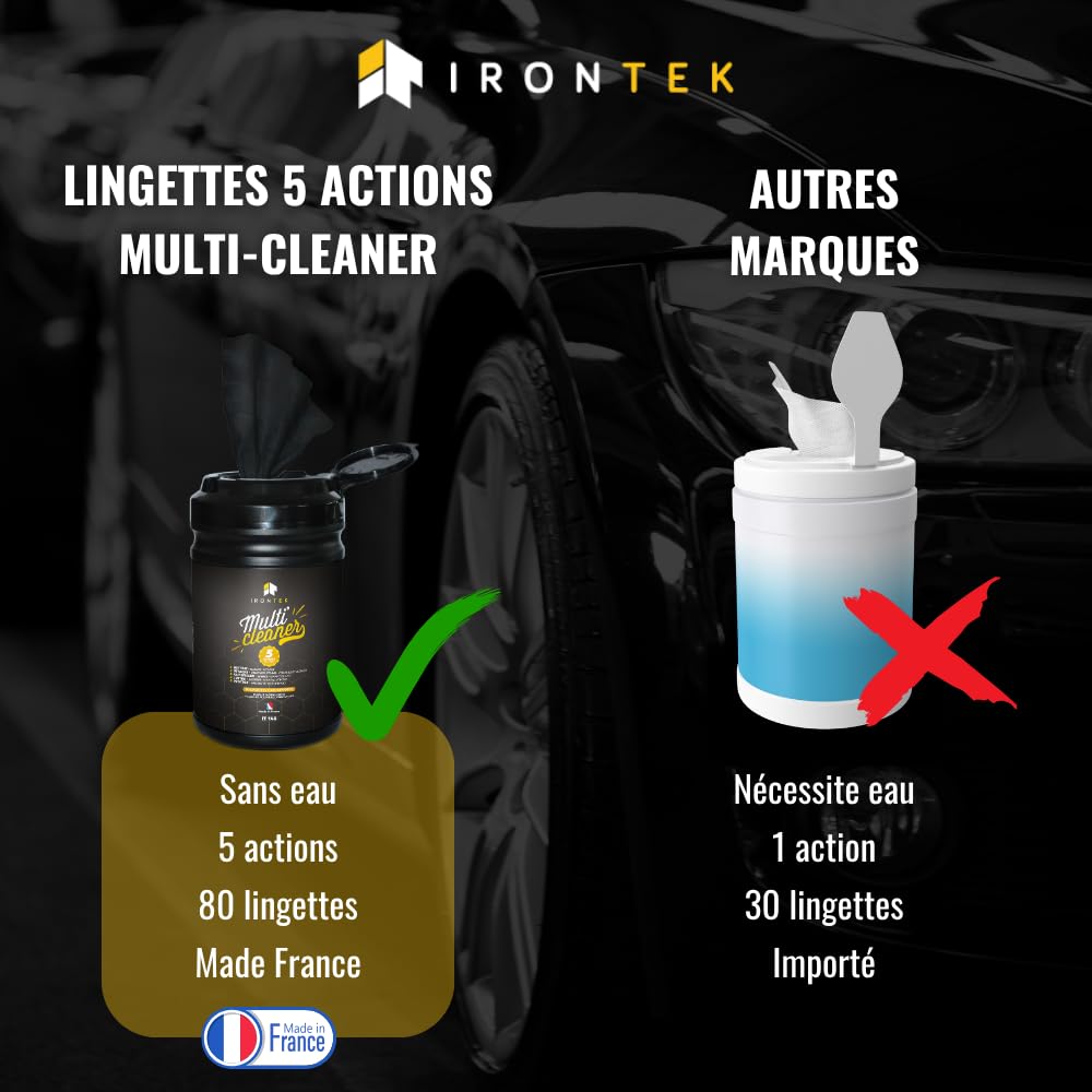 Lingettes Nettoyage Voiture et Moto sans Eau 80 pièces - IRONTEK | IT146 | Carrosserie Jantes Cuir Plastique | Nettoie, Détache, Lustre et Protège | Intérieur & Extérieur | Made in France