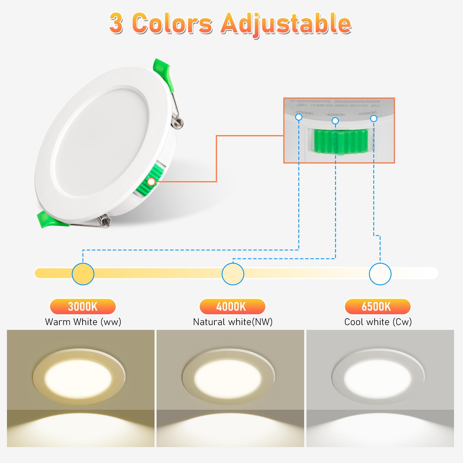 Hossom Downlight LED Techo Empotrable 7W 600LM, 230V IP44 Focos LED Interior Techo, Corte 67-75mm, Led Blanco Cálido 3000K, Natural 4000K y Frio 6500K, Pack 6 Foco Empotrablepara Cocina, Salón, Baños