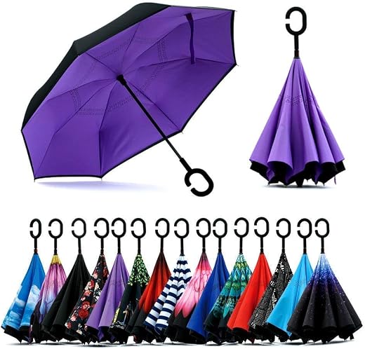 OYSTIO Double Layer Reverse Windproof Inverted UV Protection Big Straight Umbrella for Car Rain Outdoor with C-Shaped Hand...