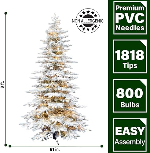 Miniatura 9 de Fraser Hill Farm Árbol de Navidad flocado de Pine Valley, 9 pies de alto, árbol nevado incluye luces LED blancas cálidas con características fáciles