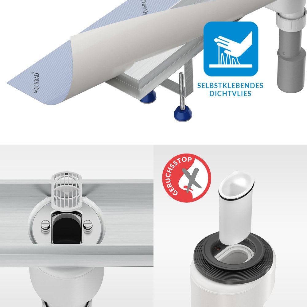 Aquabad Duschrinne SDS Pro 60 cm gebürsteter Edelstahl inkl. Haarsieb, Abgang senkrecht, befliesbare Mulde, linearer Bodenablauf, Komplettset
