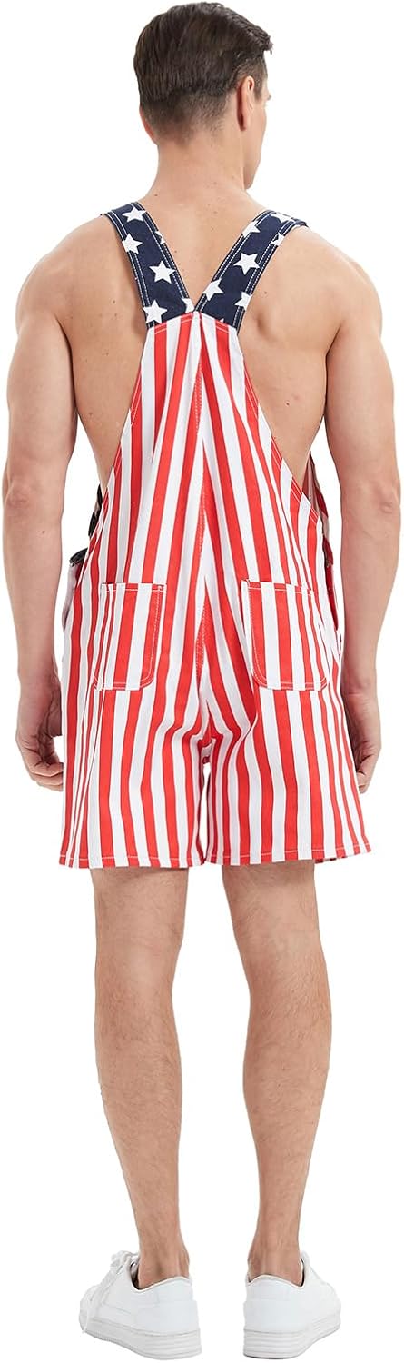 American Flag Overalls Denim Bib Shorts for Men And Women 4Th of July Denim Shortalls Adjustable Jean Jumpsuit Shorts