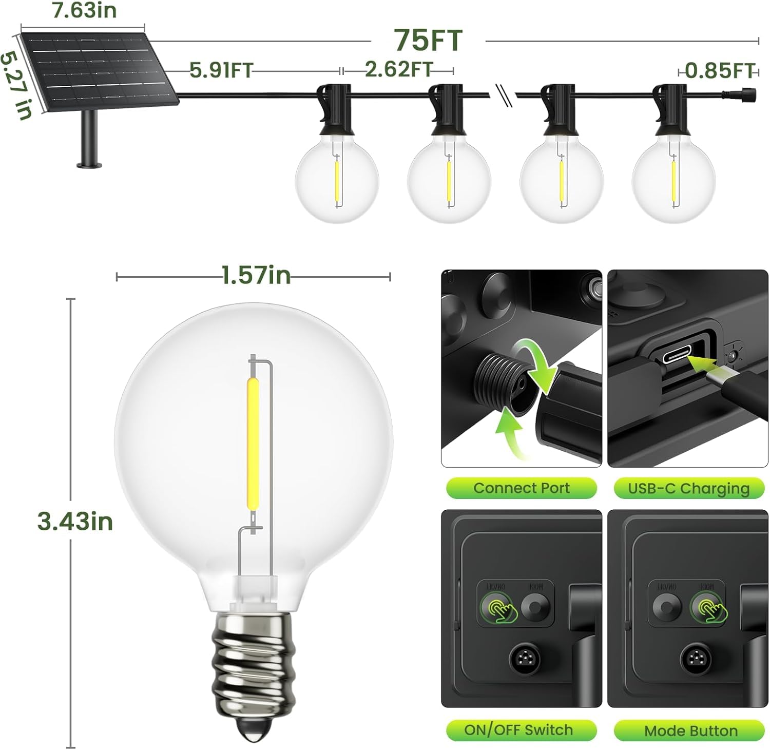 Festone solare per esterni con telecomando, 2,5 m, luci da giardino dimmerabili, timer, 3 modalità, accensione e spegnimento automatico, memoria, illuminazione da giardino impermeabile IP65, 8