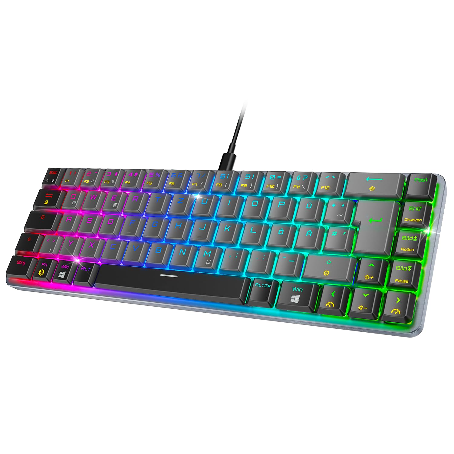 EMPIRE GAMING K241 - Smukła, niskoprofilowa aluminiowa kompaktowa mechaniczna klawiatura gamingowa DE (QWERTZ), przewodowa odłączana USB-C 69 klawiszy MX Red, RGB 24 efekty, NKRO, kompatybilna z PC/P5