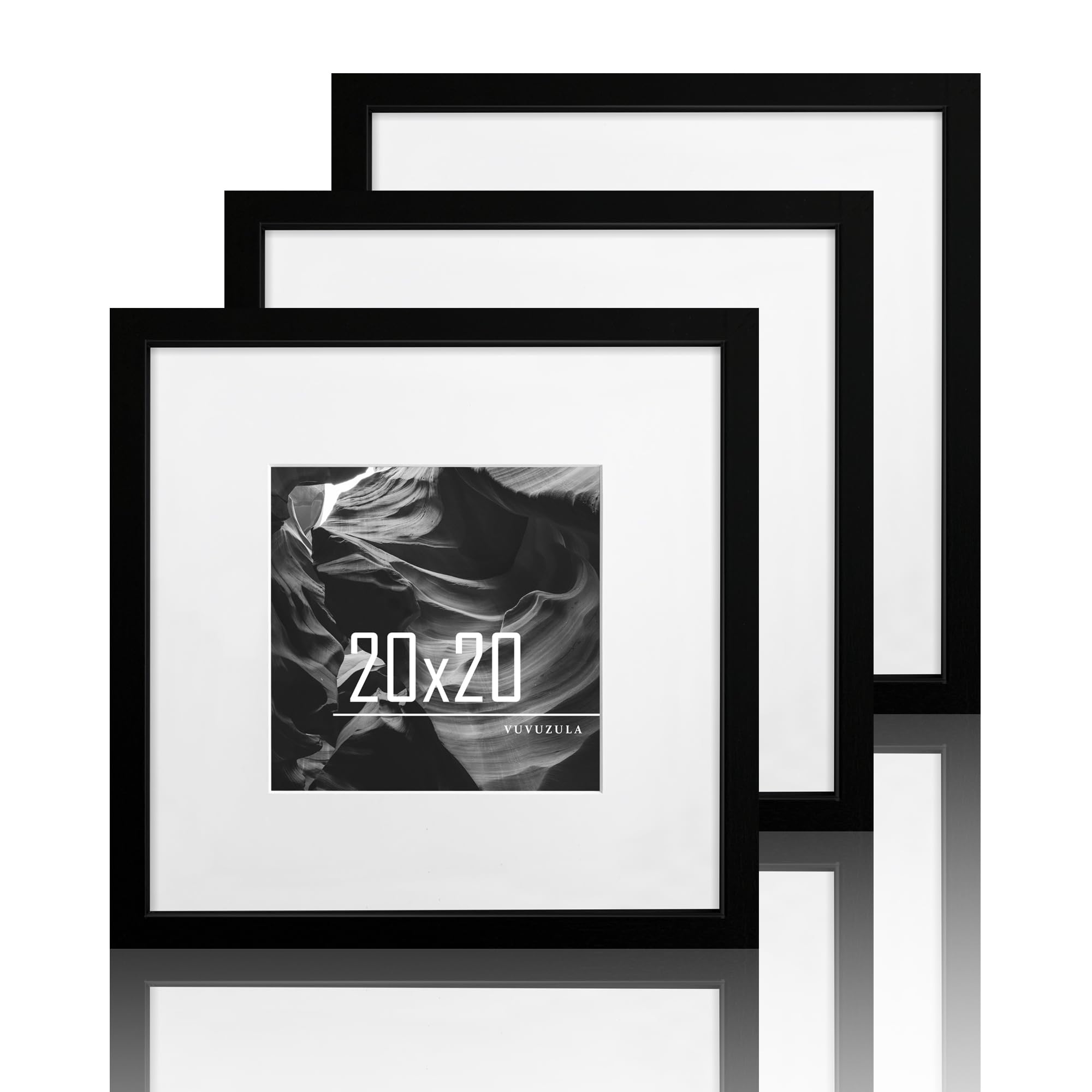 VUVUZULA Bilderrahmen 20x20cm Schwarz Holz Quadratisch 3er Set Holzrahmen Fotorahmen MDF Rahmen mit Passepartout 12x12cm