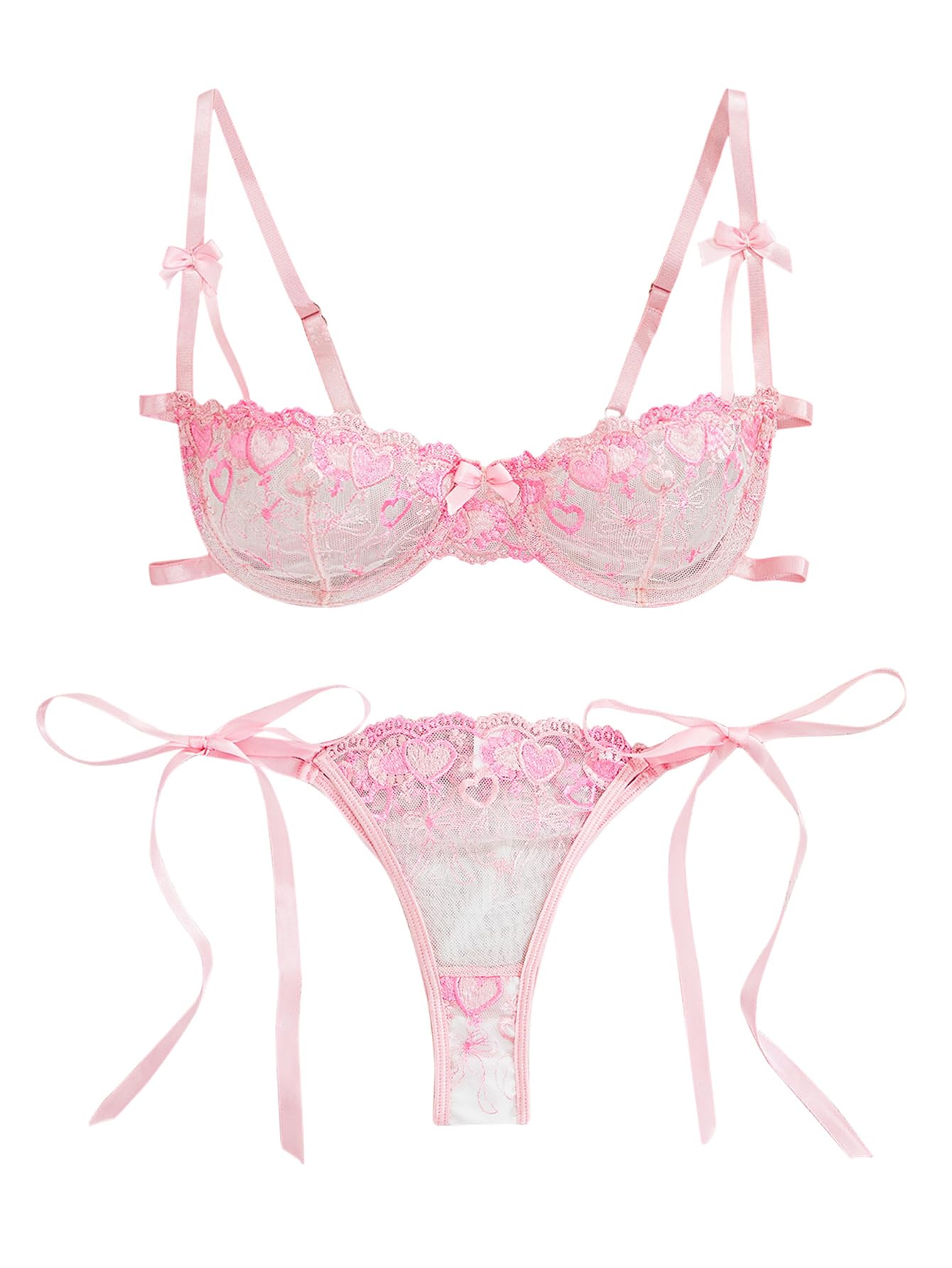 Lilosy Sexy Tie Side Cute Underwire Push Up Strappy Embroidered Mesh Sheer Lingerie Set: Bow X-Large Bow Hearts Pink