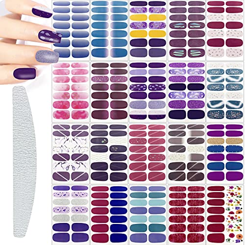 20 Sheets 280 Pieces Nail Art Polish Wraps Stickers Strips,Nail Polish Stickers Full Wraps Self-Adhesive Nail Art Decals Strips with Nail Files Set for Women Girls Kids DIY Nail Art Decoration,Assorted Colors
