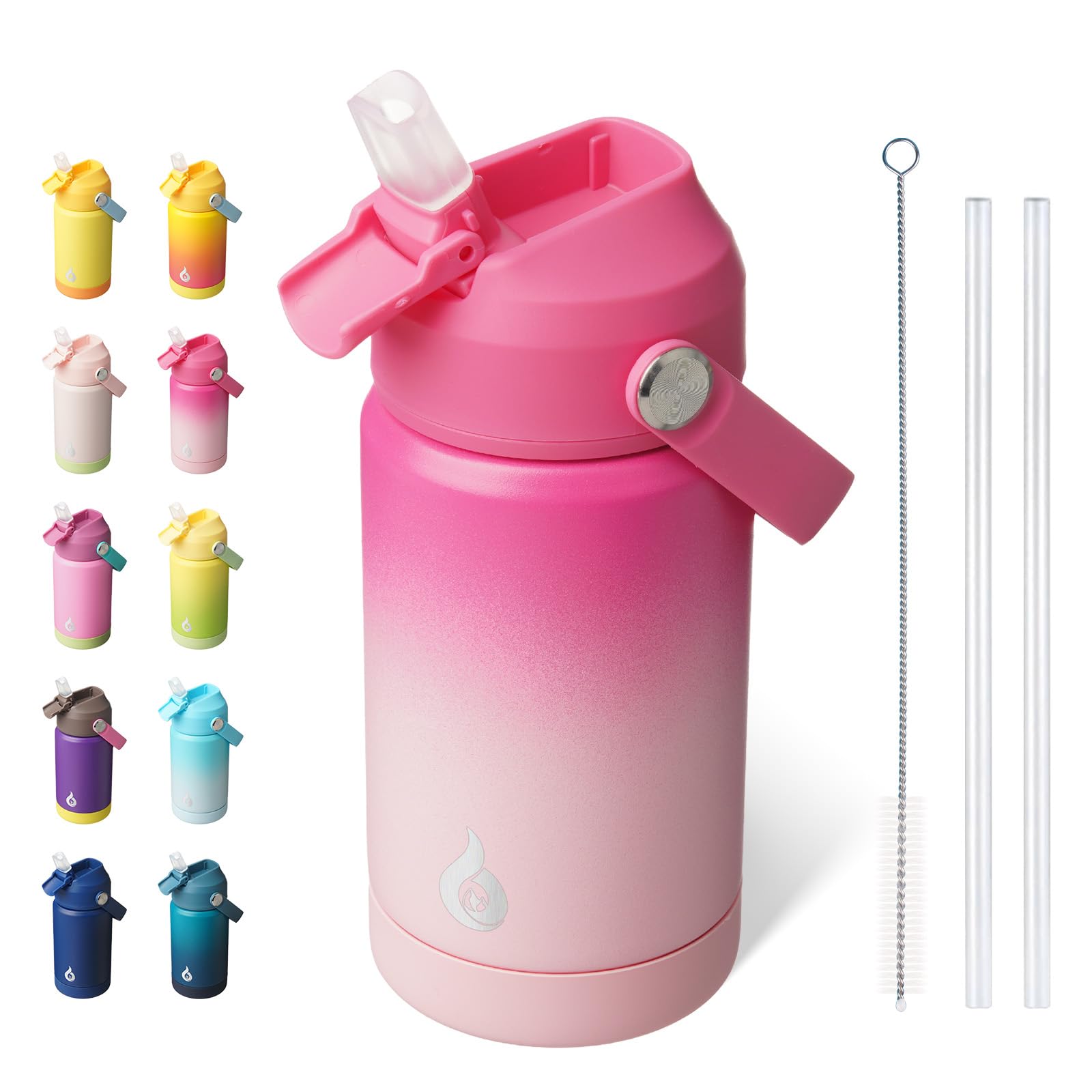BJPKPK Insulated Water Bottle with Straw Lid, 12oz Thermos Water Bottles with Soft Nozzle, Flex Handle & Non-Slip Boot, BPA Free Leak Proof Stainless Steel Metal Thermos, Tumblers, Cups,Cherry