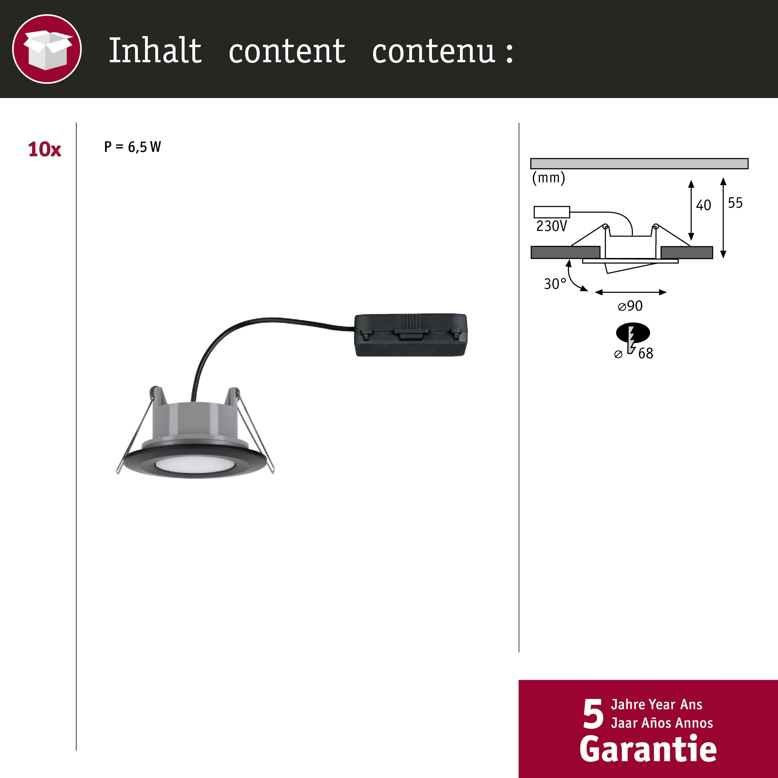 Paulmann 92462 spots encastrés LED Calla rond kit de 10 10x6W IP65 blanc neutre proj. encastré Noir mat orientable Spots plast. lampe encastrée 4000K