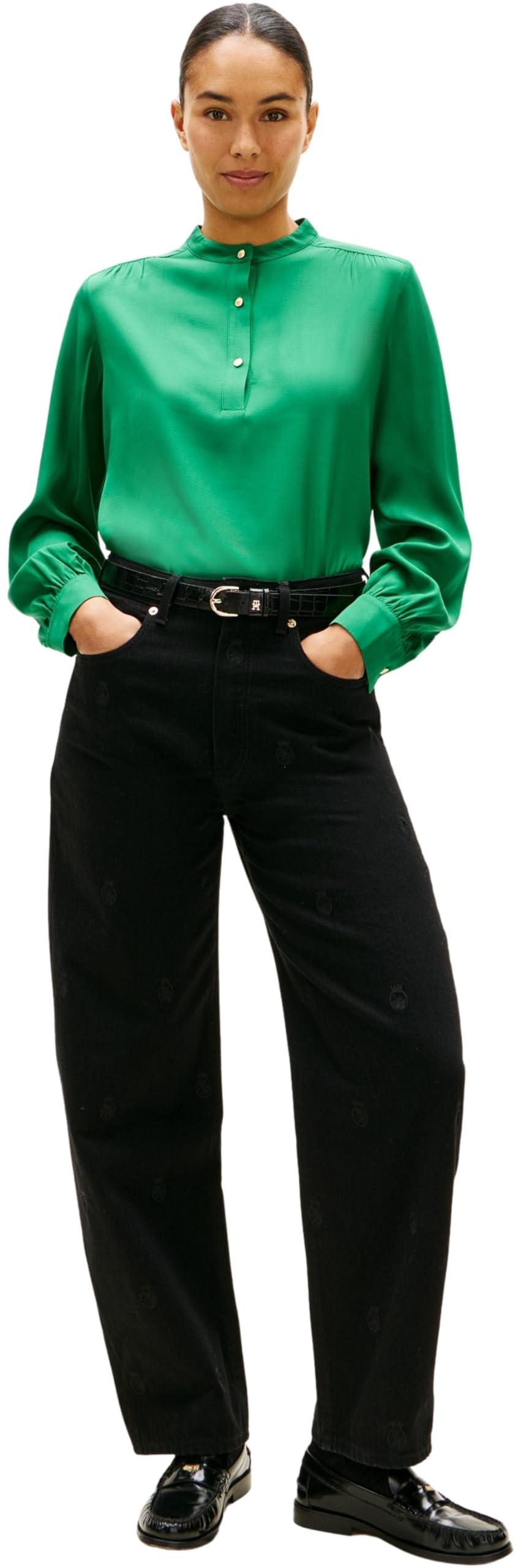 Tommy Hilfiger Bluzka damska VIS Twill V-NK WW0WW48178 L/S bluzki, zielona (nouveau green), 38, Zielony (Nouveau Green), 64