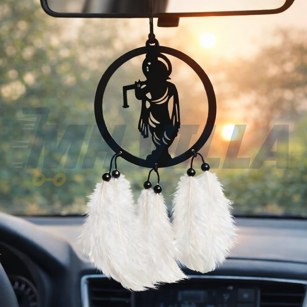 Krishna Car Hanging Ornament with Feathers – Lord Krishna Rear View Mirror Hanging Decor for Car, Dreamcatcher Style Spiritual Auto Accessory for Positive Vibes & Protection (Black & White)-image-49