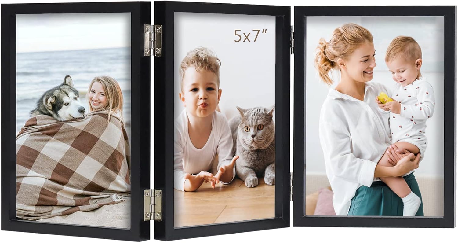 AEVETE 5x7 Triple Picture Frames Black Trifold Photo Frame