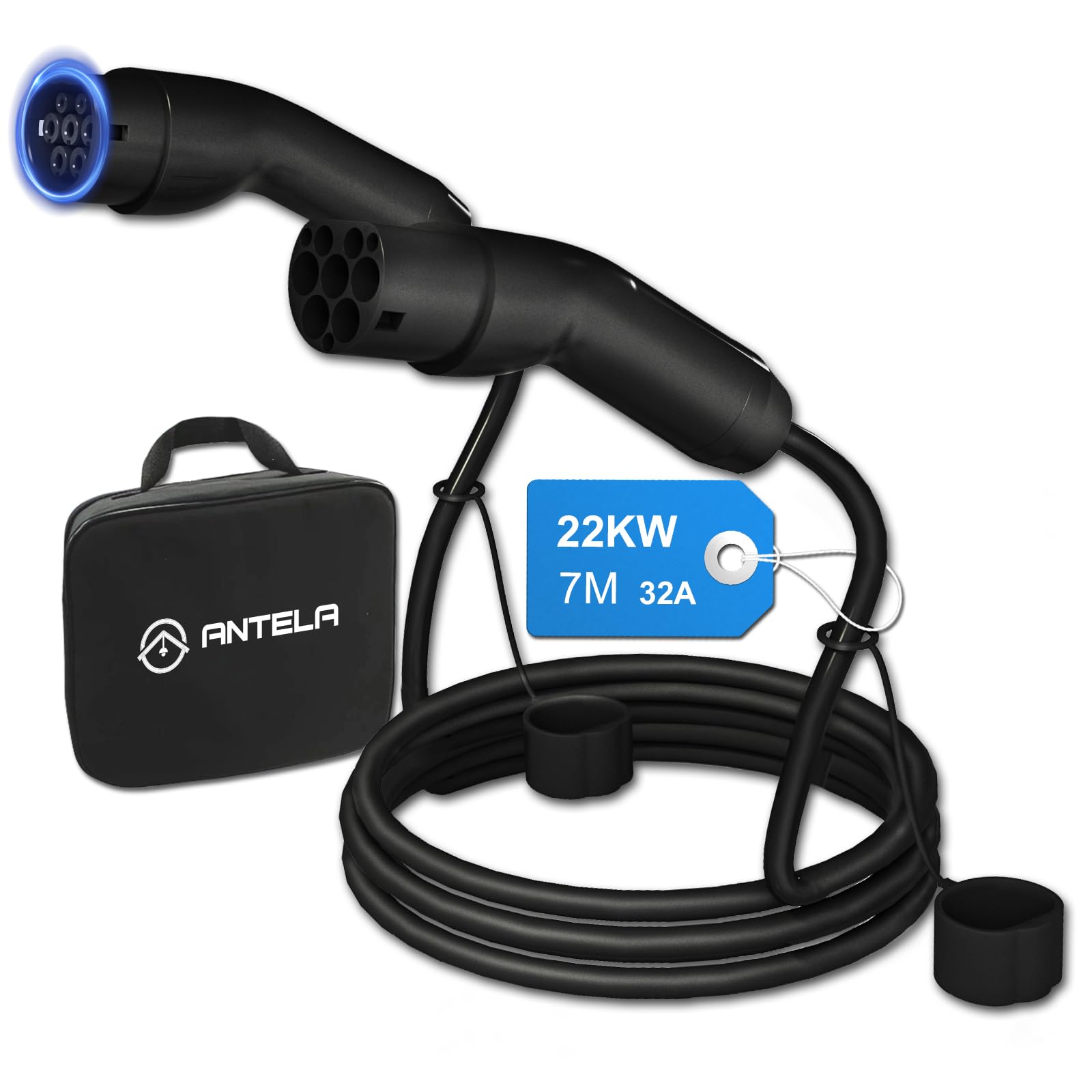 ANTELA Cable de Carga Portátil para Vehículos Eléctricos EV Tipo 2 IEC62196-2, Cable de Carga Tres Fases 32A 22KW, Longitud 7 Metros, IP54, Temperatura de Trabajo: -30°-50°