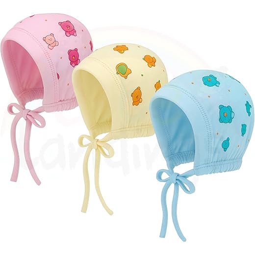 0-3/3-6/6-9/9-12/12-18 & 18-24 Months New Born Baby Girls & Boys Finest Hosiery Cotton Double Layer Knot Caps Set/Infant/Hat/Toppi/Kan Topi/Clothes (Pack of 3)
