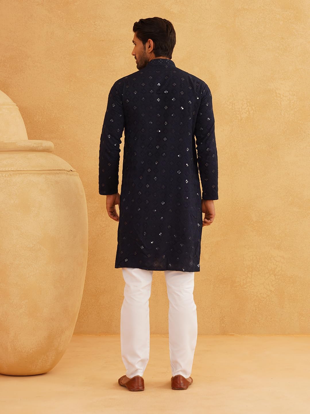 Sojanya (Since 1958 Men'S Cotton Embroidered Sequinned Kurta With White Churidaar Pyjama - Image 4