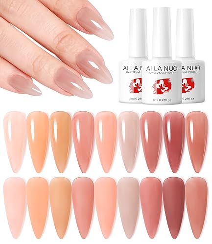 DouborQ Juego de 9 esmaltes de uñas de gel de gelatina de colores transparente, rosa nude, rojo translúcido, juego de esmalte de uñas transparente,
