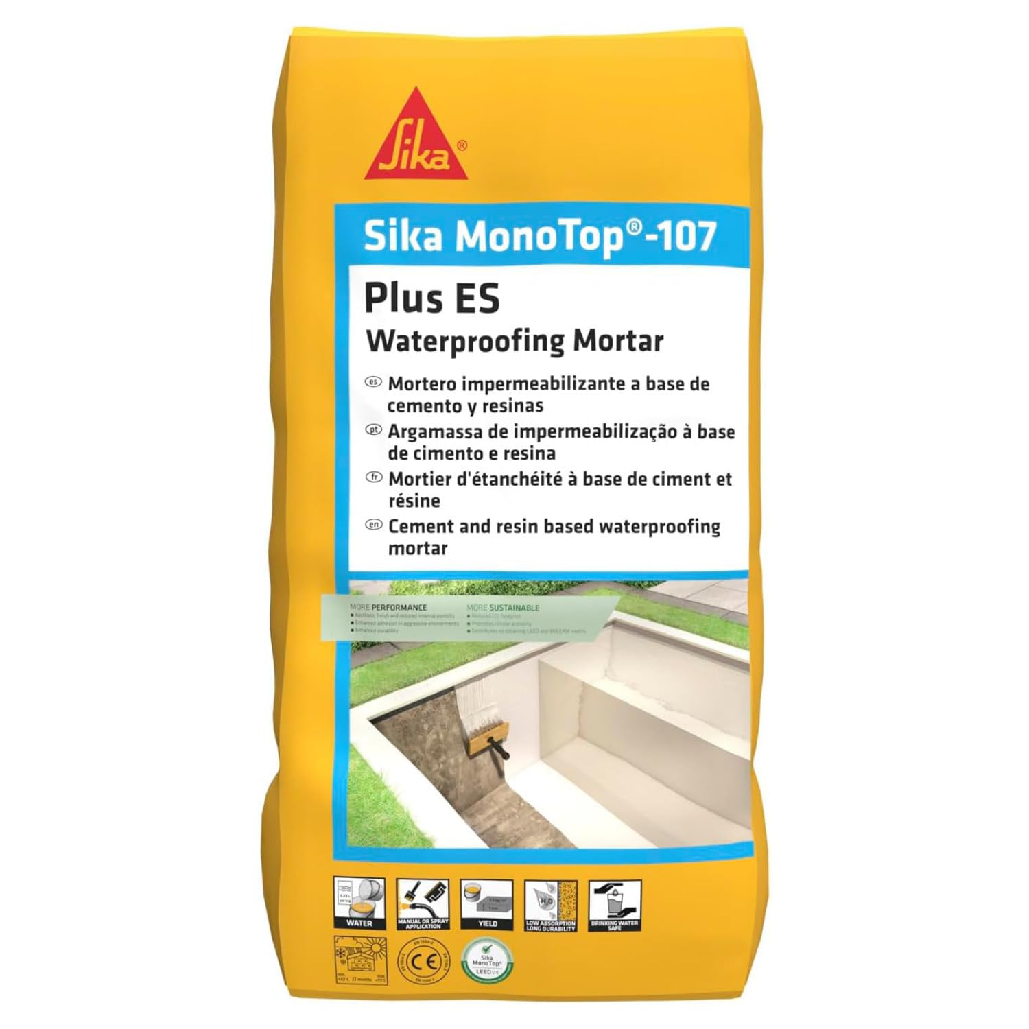 SIKA - Mortero impermeabilizante - SikaMonoTop-107 Plus ES - Gris - Uso en interior y exterior - Hormigón, mortero, piedra y fibrocemento - 25 kg