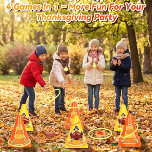 Image of Fennoral 4 in 1Thanksgiving Carnival Game Set for Kids | Turkey Ring Toss & Bean Bag Toss Game with 3-Legged Race Bands,Fall Harvest Indoor Outdoor Backyard Party Family Activities