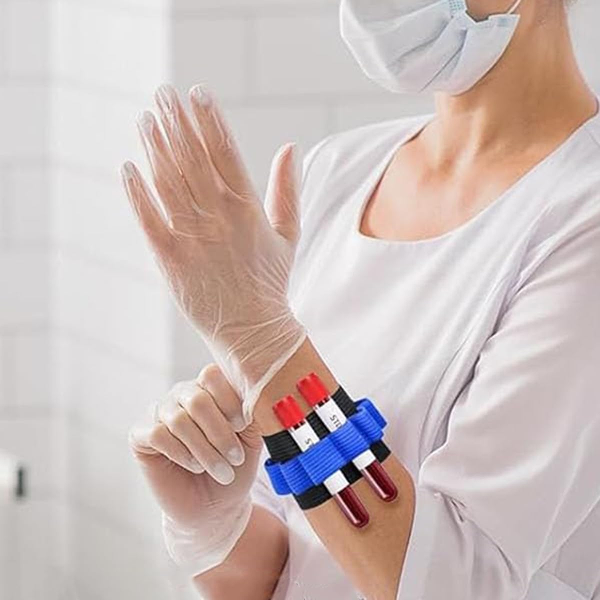 Soporte de tubo de extracción de sangre, muñequeras para flebotomía, capacidad 8 tubos, negro y azul