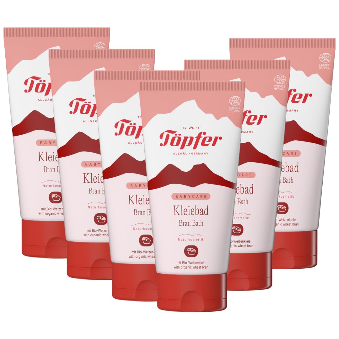 Töpfer Babycare Kleiebad – milder Badezusatz für empfindliche Babyhaut ab Geburt – mit Bio-Weizenkleie & Bio-Olivenöl – glutenfrei & vegan – 6x150ml