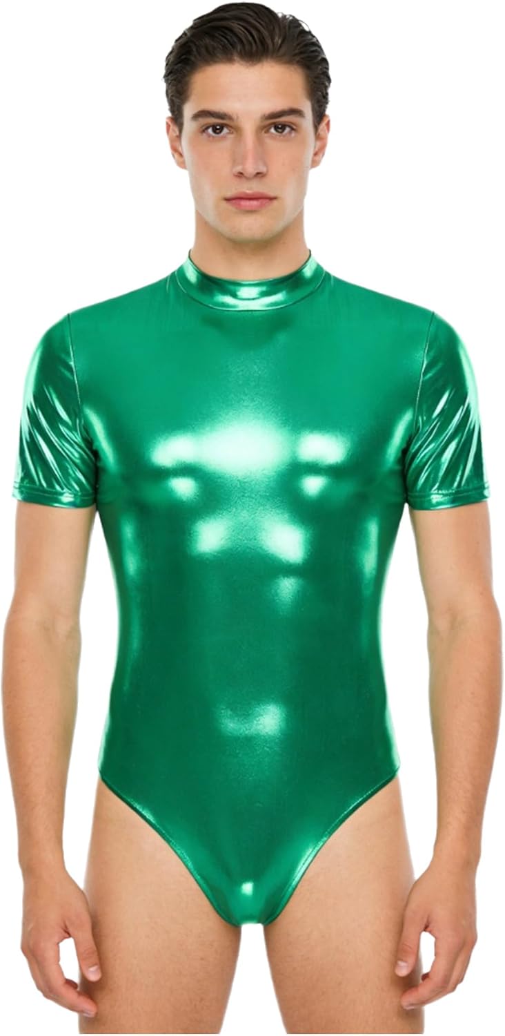 ranrann Men's Bodysuit One Piece Dance Leotard Clubwear Metallic Shiny Short Sleeve Jumpsuit Rave