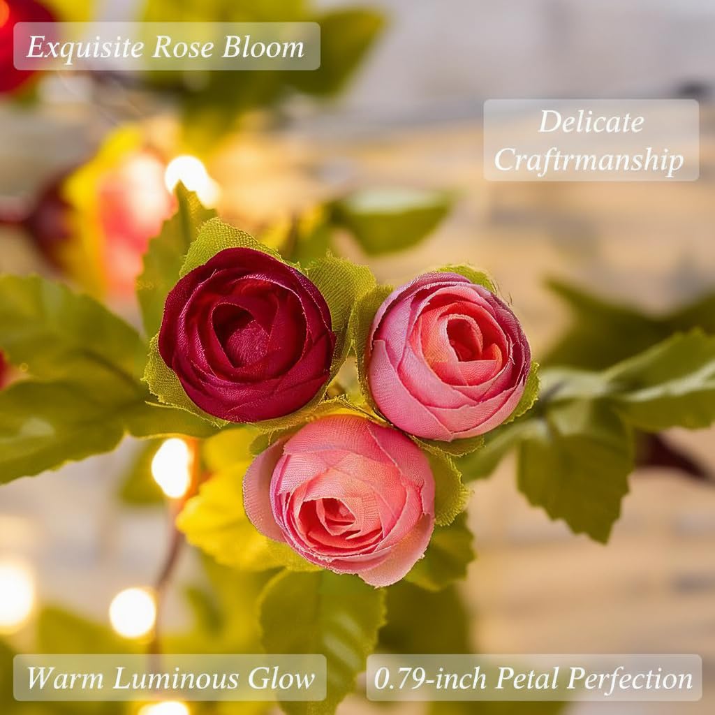 RECUTMS Ghirlanda di rose artificiali con 20 LED, alimentata a batteria, per San Valentino, matrimonio, festa della mamma, ragazza, casa, interni ed esterni, rosa e bianca