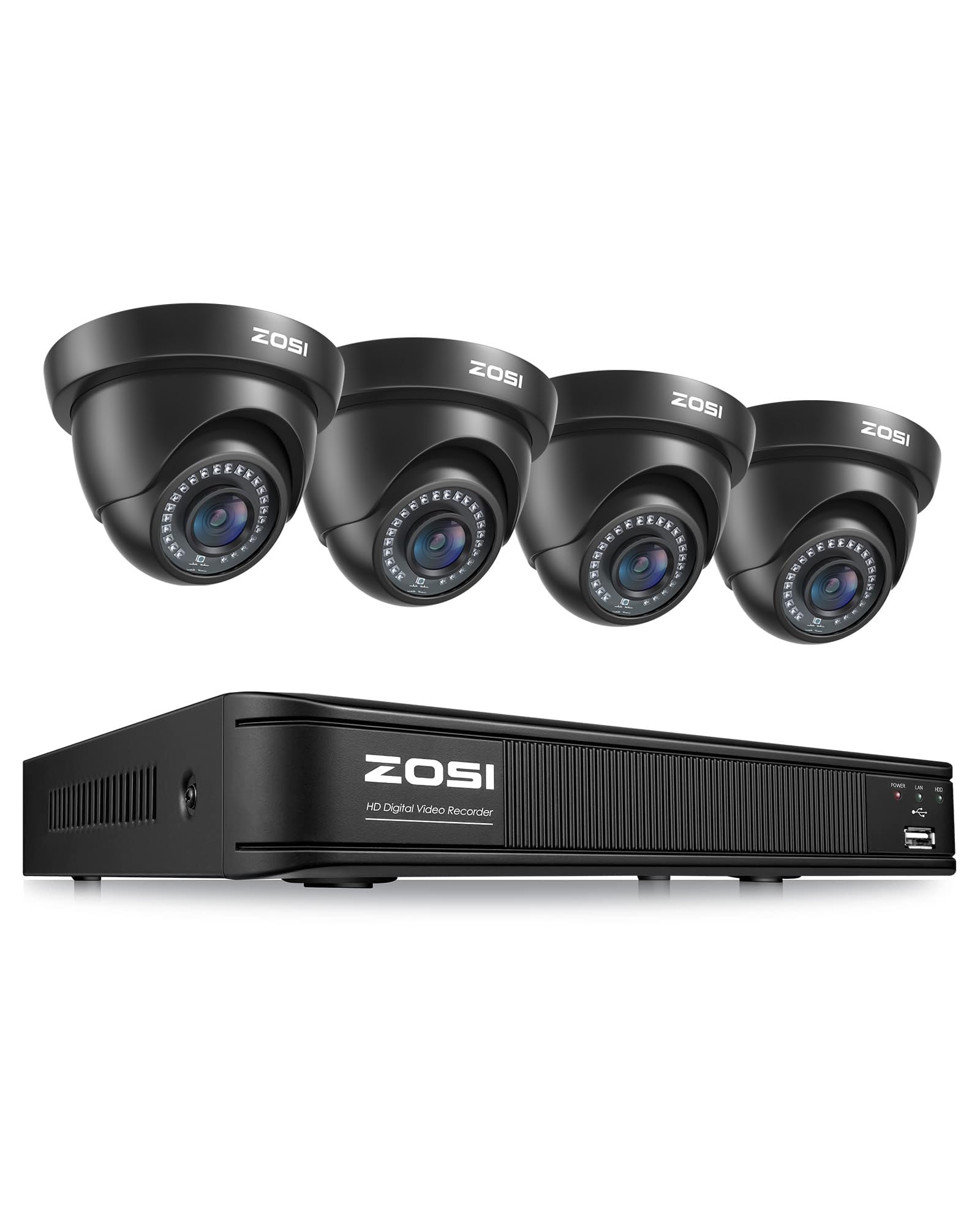 ZOSI 8CH H.265+ Home Security Camera System Outdoor, 8 Channel 1080p HD-TVI DVR & 4 x 720p Surveillance CCTV Dome Camera with Motion Detection, 80ft